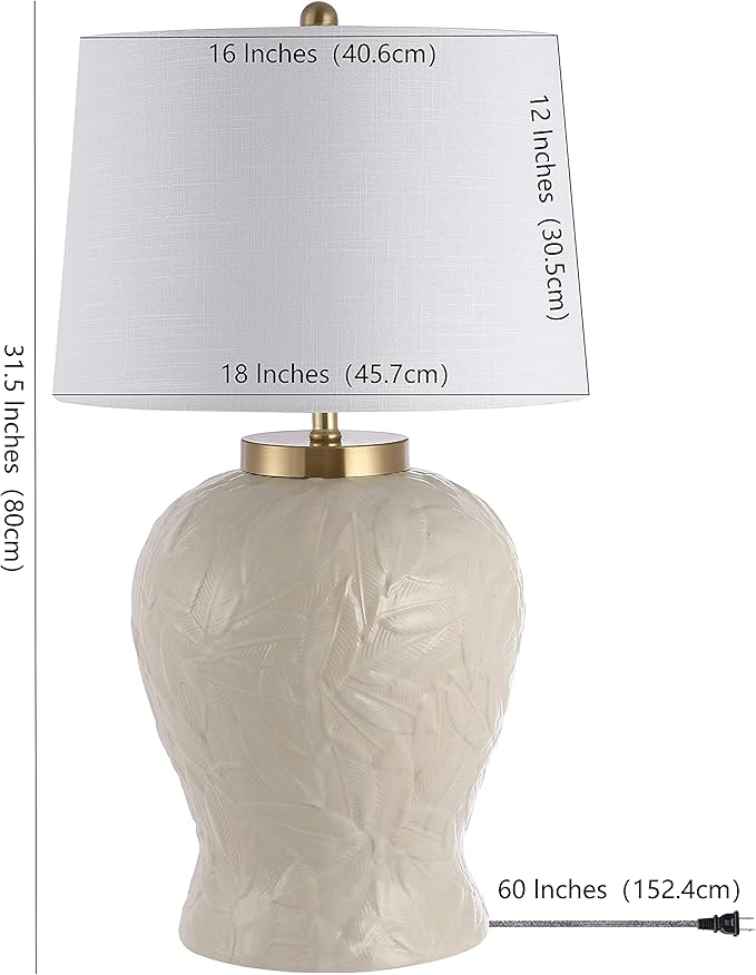 JONATHAN Y JYL6617A 31.5" Bohemian Palm Leaf Ceramic Table Lamp, Cream Cottage Bedside Lamp for Living Room, Bedroom Nightstand, Coastal End Table Lamp with White Linen Shade, LED Bulb Included