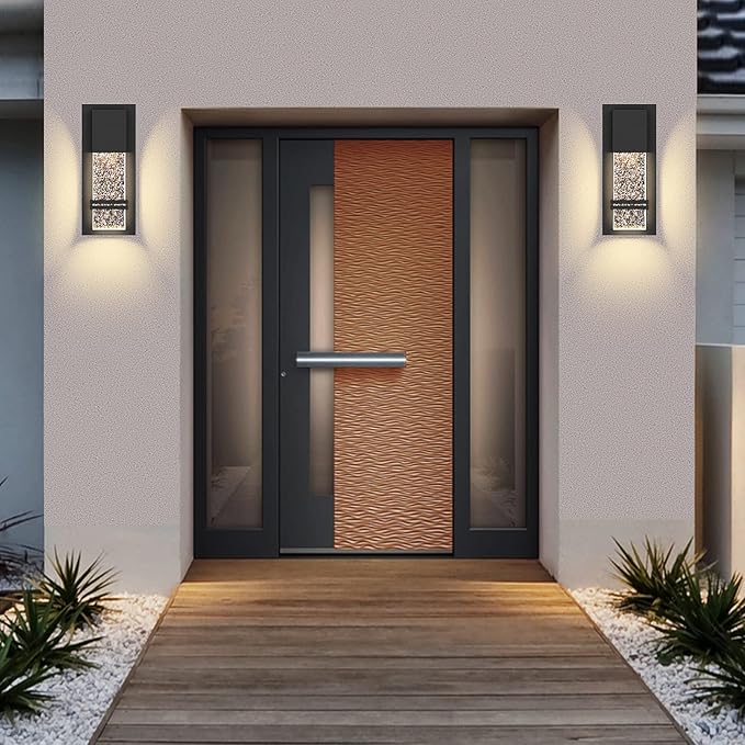 LED Integrated Outdoor Wall Light, Modern Exterior Wall Sconce with Crystal Bubble Glass, 12W 3000K Wall Mount Lighting Matte Black Finish Porch Light for Living Room Entryway Doorway 2 Pack
