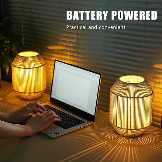 JHY DESIGN Set of 2 Woven Lampshade Table Lamps 8.5" H Cotton Rope Bedside Lights Cordless Decorative Battery Operated Lamps with 6 Hours Timer for Bedroom Living Room Weddings Parties Patio