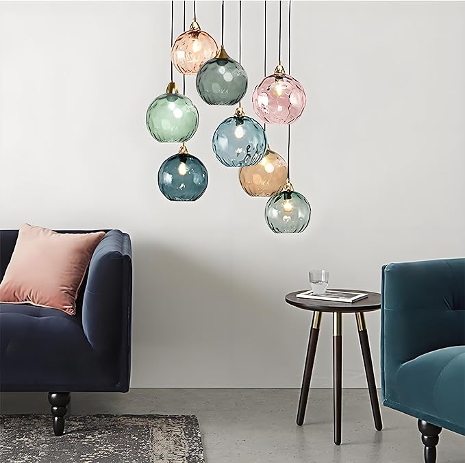 20cm/7.9’’ Industrial Vintage Spherical Glass Pendant Light, E26 Ceiling Hanging Lamp, Gold Finish & Ripple Glass Globe Shade, Dining Room Bedroom Chandelier (Dark Blue)