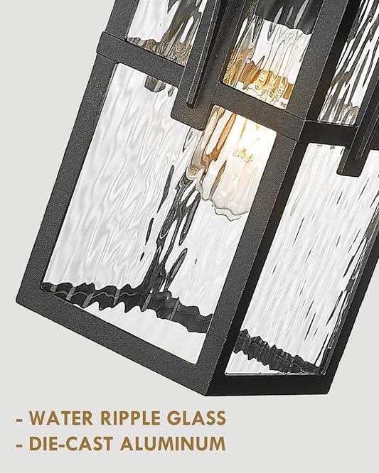 HWH INVESTMENT Outdoor Wall Lights, HWW Exterior Wall Lantern with Water Ripple Glass, Waterproof Porch Light Fixtures for Patio, Hallway, Matte Black, HX1B-SW BK (Large)