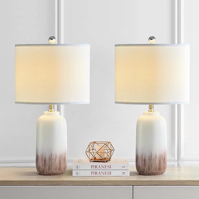 24" Ceramic Table Lamps Set of 2 for Living Room, Modern Brown Bedside Lamps for Night Stands, 3 Way Dimmable Farmhouse End Table Lamp with White Shade for Bedroom
