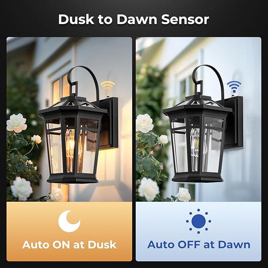 VIANIS Large Outdoor Light Fixture, Black Modern Dusk to Dawn Outside Lighting with Transparent Tempered Glass, Aluminum Waterproof and Anti-Rust Exterior Lighting Fixtures for Porch, Garden, Doorway