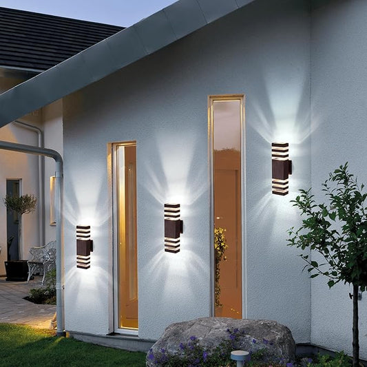 tewei 2 Pack Outdoor Wall Lights, Modern Exterior Light Fixture Wall Mount Brown Outdoor Lights for House, Waterproof Aluminum Up and Down Porch Lights Wall Sconces for Garage Patio, 3-Layer