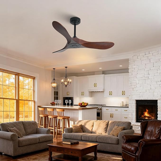 Outdoor Ceiling Fan Without Light, 42Inch Smart Ceiling Fan with Remote & Voice Control for Alexa/Google, 3-Blade Wood Fan, Quiet DC Motor, 6 Speeds for Patio, Porch, Farmhouse, Dark Walnut