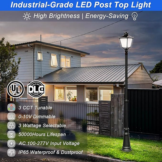 LED Post Top Light, 60W/50W/30W Power Tunable, 3CCT 5000K/4000K/3000K Outdoor Post Pole Lights, LED Parking Lot Light for Garden Yard Street Lighting, IP65 Waterproof, AC100-277V, UL DLC Listed