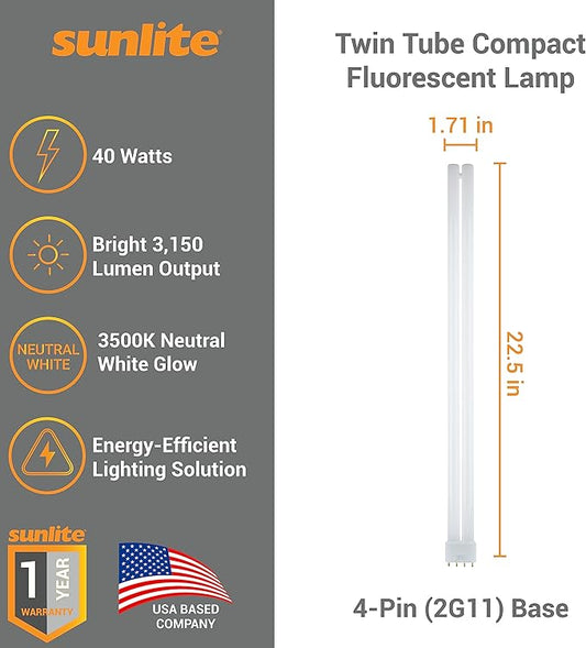 Sunlite FT40DL/835 Twin Tube Compact Fluorescent Lamp, FT 4-Pin, 40 Watts, 3150 Lumens, 3500K Neutral White, 4-Pin (2G11) Base, ROHS Compliant, 10 Pack