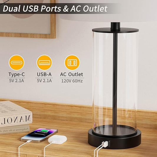 KAWOTI 23'' Clear Glass Table Lamp Set of 2 Bedroom Lamps with USB Ports and AC Outlet Living Room Nightstand Lamp Bulbs Included