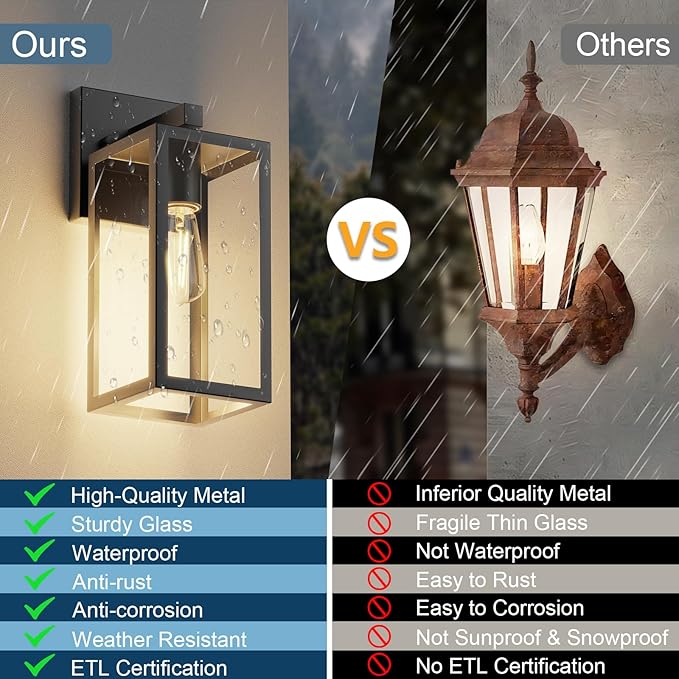 Kalium Porch Wall Lights Outdoor, Waterproof Lanterns with Frame and Clear Glass Shade, Exterior Front Porch Light Matte Black Wall Sconce, Modern Mounted Lighting for Patio Entryway Hallway