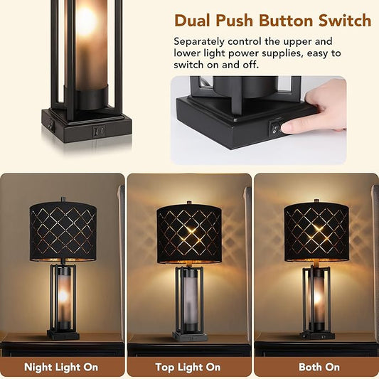 Modern Table Lamp Set of 2, Nightstand Lamps with Black Grid Shade, Bedside Lamps with USB A+C Charging Ports, Decorative Table Lamp, Square Base, Desk Lamps for Living Room, Bedroom, 2 Bulbs Included