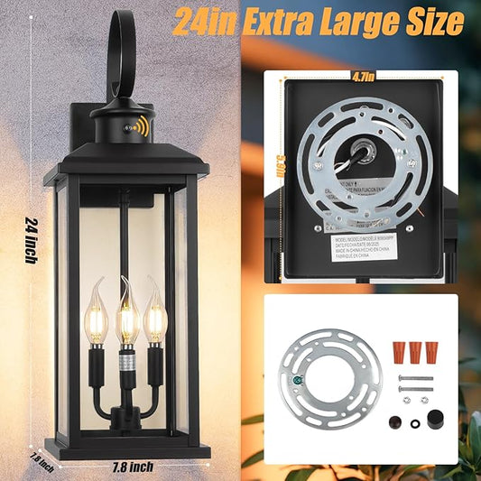 24" Dusk to Dawn Porch Lights Outdoor 3-Light, Black Modern Large Wall Light Fixture Lantern, Waterproof Exterior Lighting Sconce Wall Mount, Outside Lamp for Farmhouse Doorway Patio E12