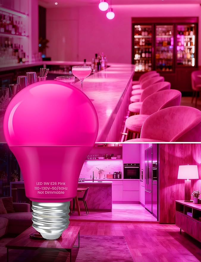 UNILAMP Pink Light Bulbs: A19 9W Colored Light Bulbs, 60 Watt Equivalent, Pink Light for Halloween Decoration, Christmas Decor, Holiday Party Lighting, Home Porch Lighting, 4 Pack