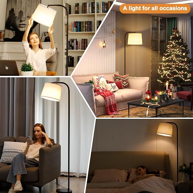 Ambimall Remote-Controlled Floor Lamp - Color Temperature Adjustable and Fully Dimmable, Standing Lamp for Living Room with Rotating Head, Tall Lamp for Bedroom, 9W Bulb Included (Black and Beige)