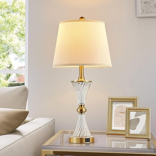 27" Bedroom Lamps Set of 2, Gold Glass Touch Lamps with USB C+A Ports, 3-Way Dimmable Light Fixture for Nightstand, Modern Table Side Lighting for Living Room, 2 Bulbs Included