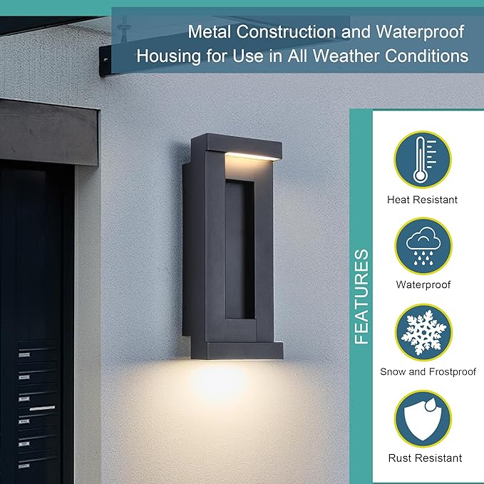 Modern Outdoor Art Wall Lights, IP65 & Anti-Rust, 2200 Lumens Triac Dimmable LED Porch Light, Textured Black & Frosted Glass,Voltage 120-277V,Wall Mount for Patio, Garage, Entryway