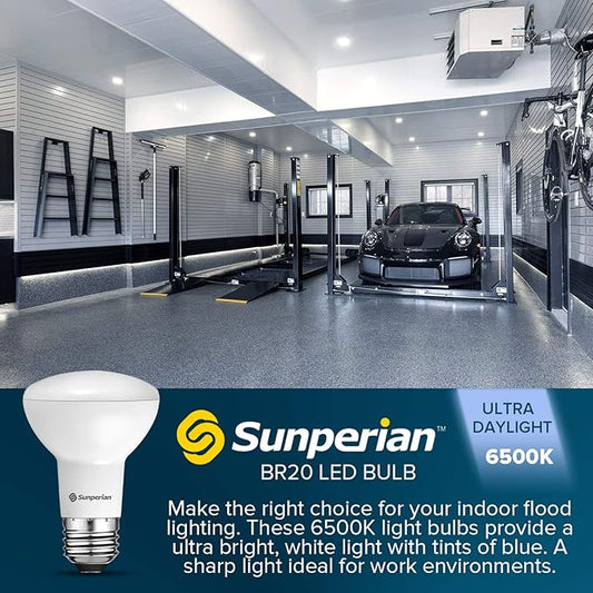 SUNPERIAN BR20 LED Bulb, 6W=50W, 6500K Ultra Daylight, 550 Lumens, Dimmable Flood Light Bulbs for Recessed Cans, Enclosed Fixture Rated, Damp Rated, UL Listed, E26 Standard Base (4 Pack)