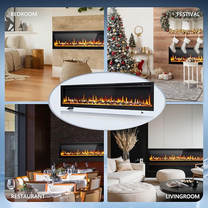 EUHOMY 73 Inch Electric Fireplace Recessed Wall Mounted Freestanding with Remote Control, Ultra-thin Fireplace Heater with Adjustable Flame Color, Linear Fireplace with Timer, Log & Crystal, 750/1500W