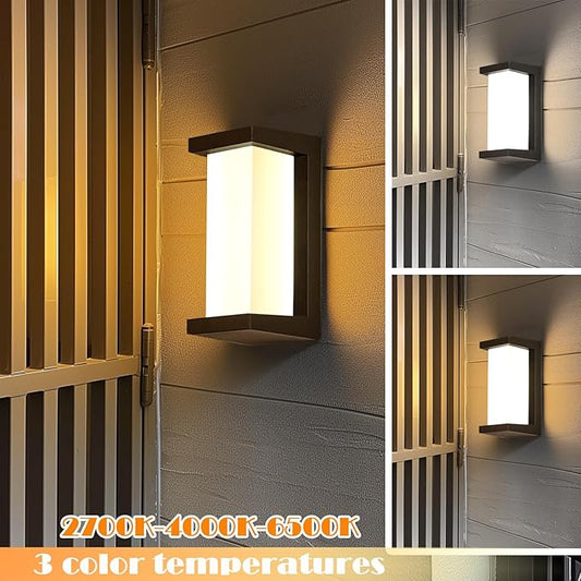 Black Exterior Lighting Fixtures, Rectangular Modern Front Porch Light Fixtures, 12W Outdoor Wall Light Fixtures Wall Mount, IP65 Waterproof Outdoor Wall Sconce 3-Color-Changeable