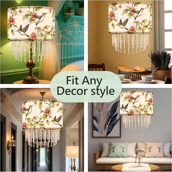 Hummingbird Floral Lamp Shade with Acrylic Bead Droplets, Spring Humming Bird Flower Fabric Light Shade for Pendant Table & Floor Lamps, Memorial Gift for Bird Lover, 15.7in