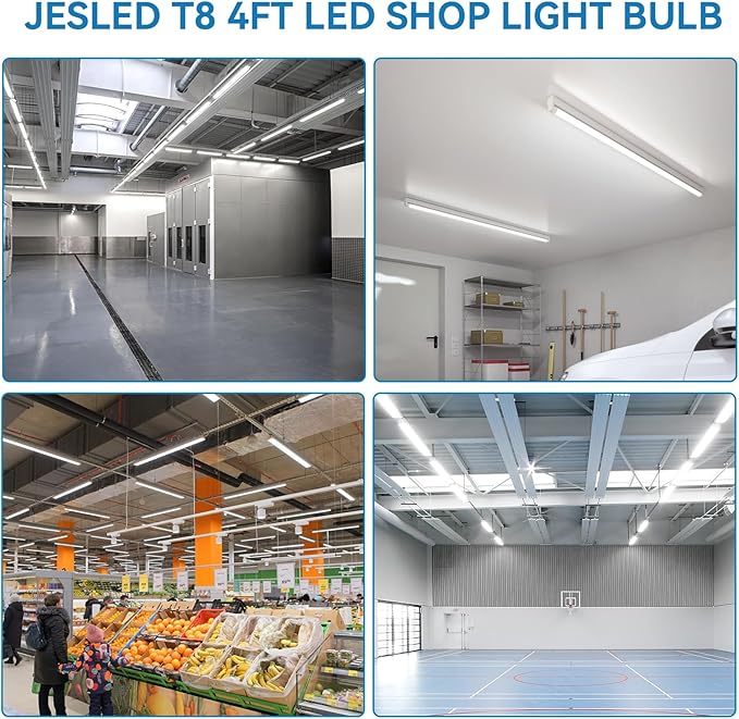 JESLED T8 LED 4FT Tube Lights, Type A+B, 24W, 3200LM, 6CCT 3000K | 3500K | 4000K | 5000K | 6000K | 6500K, Plug and Play or Ballast Bypass, LED Bulbs 4 Foot Replacement, Dual-Ended, Frosted, 12 Pack
