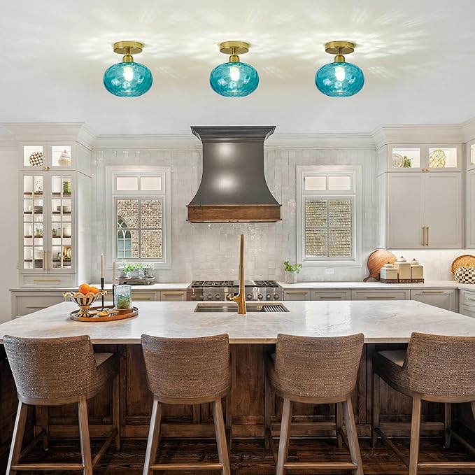 Blue Glass Semi Flush Mount Ceiling Light - 2 Pack,7.9 Inch Hammered Glass Small Hallway Light fixtures, Vintage Gold Art Deco Flush Mount Ceiling Light for entryway Foyer Laundry Room Kitchen