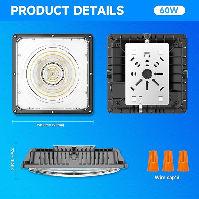 LED Canopy Light 60W, 9000LM LED Canopy Lights Outdoor, 5000K Daylight Square Gas Station Light for Carport Shop Garage Warehouse Porch Hotel Building Entrances UL Listed, 1 Pack