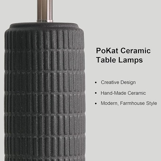 PoKat 23" Matte-Textured Ceramic Table Lamps Set of 2 for Bedroom, Stone-Like Modern Bedside Lamps for Night Stands, Farmhouse Nightstand Table Lamps Decor for Living Room End Table Black