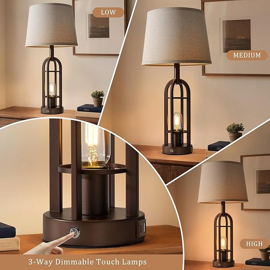 24" Table Lamps for Living Room Set of 2, Rustic Farmhouse 3-Way Dimmable Touch Industrial Bedside Lamps with USB A+C for Bedroom Nightstand,4 Bulbs Included