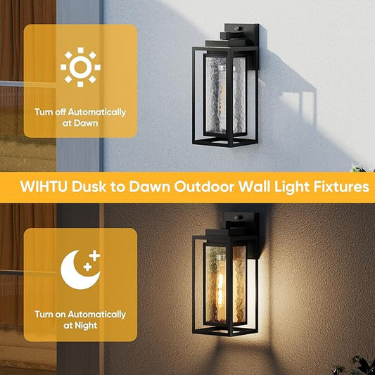 Dusk to Dawn Exterior Porch Light Fixture, Water Ripple Outdoor Wall Lantern Black, 2 Pack Sensor Outside Lantern Lamp, Waterproof Wall Sconce Light, Outside Mount Lamp for Doorway(Bulb Included)