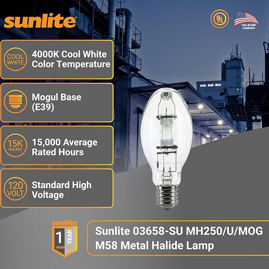 Sunlite 03658 MH250/U/MOG M58 Metal Halide Lamp, 250 Watts, Mogul Base (E39), ED28, 15,000 Hour Life Span, 21000 Lumen, Clear Finish, 4000K