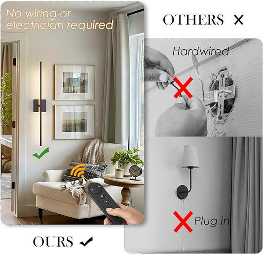 Battery Operated Wall Sconces with Remote Control, Dimmable Wall Sconces Set of Two, 350°Rotate, 3000K LED Black Wireless Wall Light for Living Room, Hallway, Bedroom, 40.1 Inch (2 Pack)