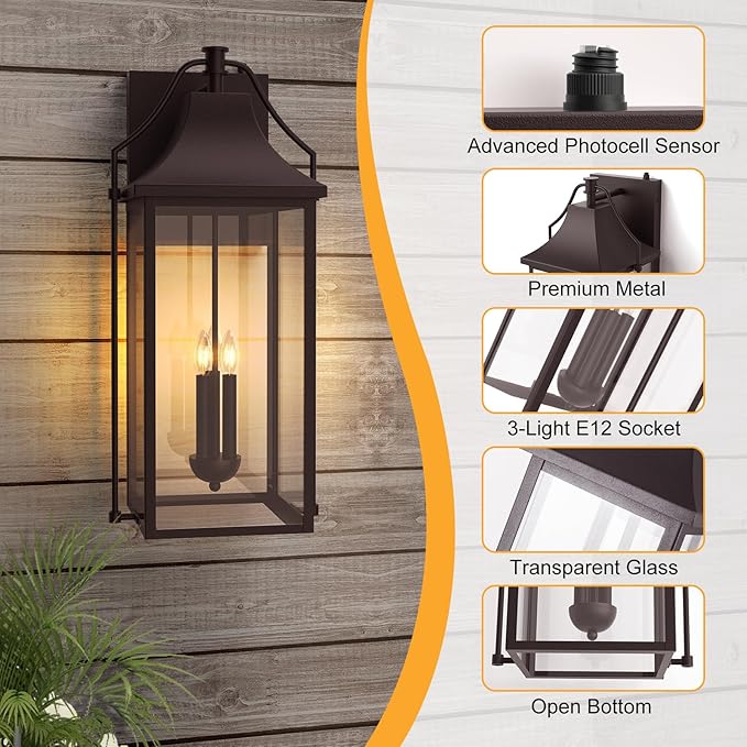ππ-ππππ Dusk to Dawn Outdoor Wall Light, Large Size Waterproof Patio Lanterns, 3-Light Oil Rubbed Bronze Exterior Wall Mount Outside Sconce with Glass for House