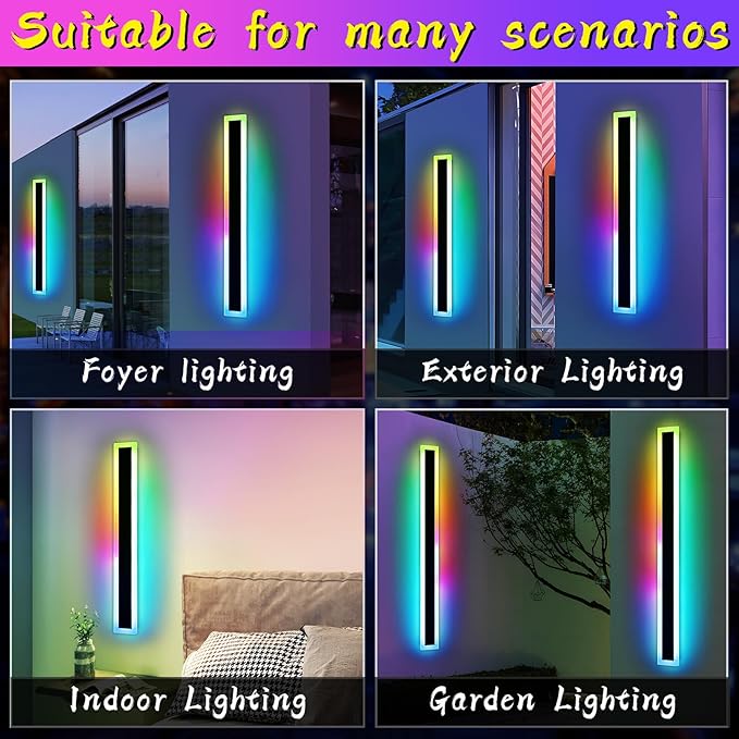 Widened 2 Pack Modern Exterior Lighting Fixtures, 58inch RGB Dimmable Outdoor Wall Sconces, 10 Colors, 5 Modes, IP65 Waterproof, Black Long LED Wall Mount Lights for Fence, Balcony, Garage