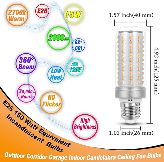 1.57 x 4.92 inch Big E26 15W LED Bulbs 2700K Warm White 2000 Lumen 150 Watt Equivalent Incandescent Bulbs for Outdoor Home attic Corridor Garage Indoor Candelabra Ceiling Fan Bulbs,Non-dimmable,2 Pack