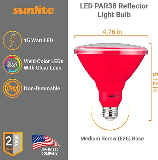 Sunlite 81475 LED PAR38 Colored Recessed Light Bulb, 15 watt (75W Equivalent), Medium (E26) Base, Floodlight, ETL Listed, Red, 1 Pack