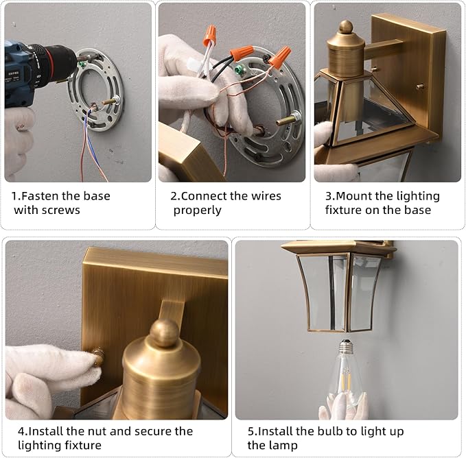 Waterproof Brass Outdoor Wall Lanterns (2-Pack) - E26 Socket & Glass Shade Exterior Wall-Mounted Lights, Rustproof Modern Sconces for Front Door, Porch, Yard & Entryway