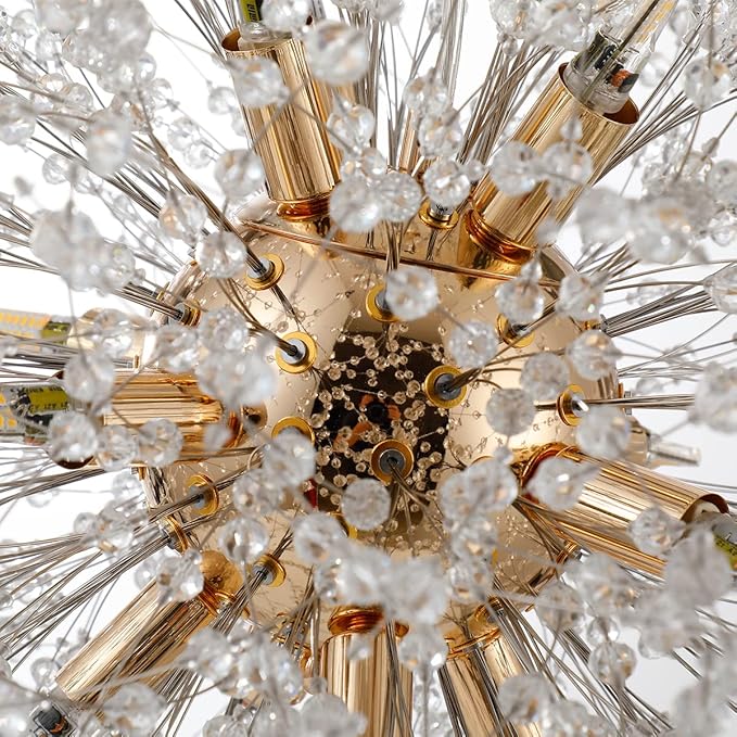 Dandelion Crystal Chandeliers, 16-Light Firework Pendant Light Fixtures in Gold, 80W Modern Crystal Sputnik Hanging Lights for Living Room Bedroom Hallway