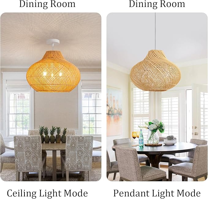 3-Light Rattan Pendant Light,18.9" Round Hanging Light,Wicker Pendant Light Hand-Woven Rattan Chandelier for Workplace Dining Living Bedroom Kitchen Farmhouse