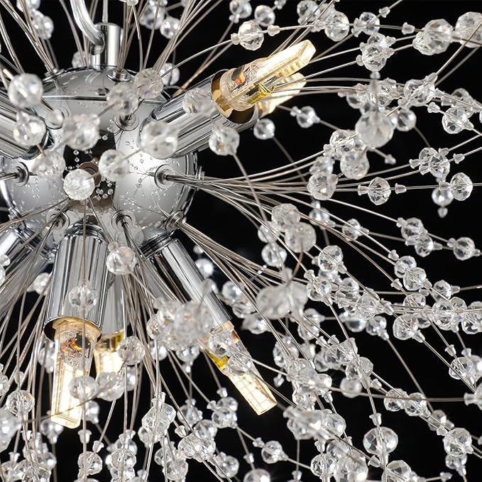 Modern Small Chandelier, 8 Lights Chrome Firework Chandelier, Dandelion Crystal Chandeliers for Entryway, Sputnik Pendant Light Fixture for Dining Room