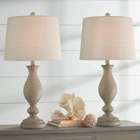Regency Hill Serena Country Cottage Natural Traditional Table Lamps 27.5" Tall Set of 2 Cream Beige Gray Faux Wood Oatmeal Drum Shade for Living Room Bedroom House Bedside Nightstand Home