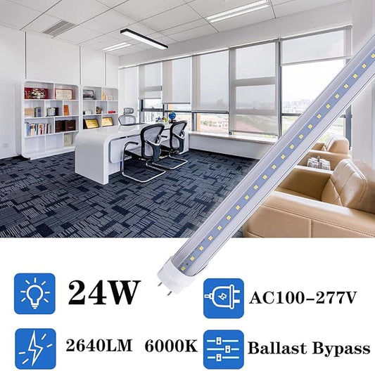 48 pcs 4FT 24W T8 LED Tube Light White Daylight 6000k 4' LED Bulbs Garage Warehouse Shop Light Ballast Bypass G13 Base T10 T12 Fluorescent lamp Replacement AC100-277V Clear Cover