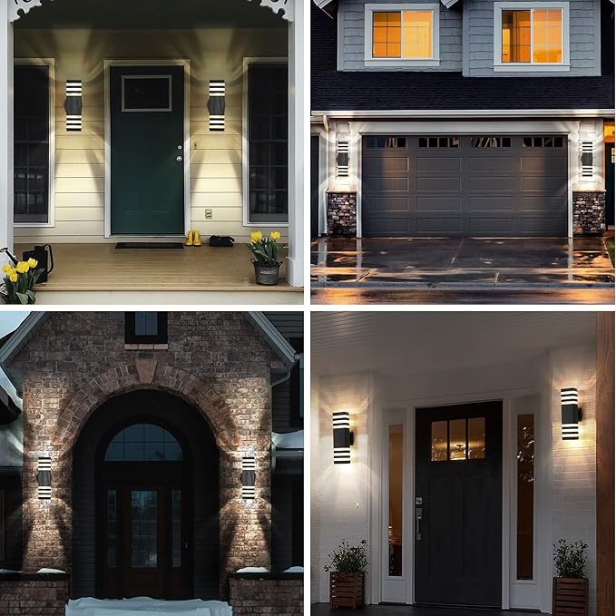 tewei 6 Pack Up and Down Outdoor Wall Lights, 3-layer Black Modern Exterior Light Fixture Wall Mount Outside Light for House, IP65 Waterproof Aluminum Outdoor Wall Sconces for Garage Porch Patio,3000K