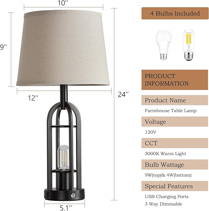 24" Table Lamps for Living Room Set of 2, Farmhouse Industrial 3-Way Dimmable Touch Bedside Lamps with USB A+C for Bedroom Nightstand,4 Bulbs Included