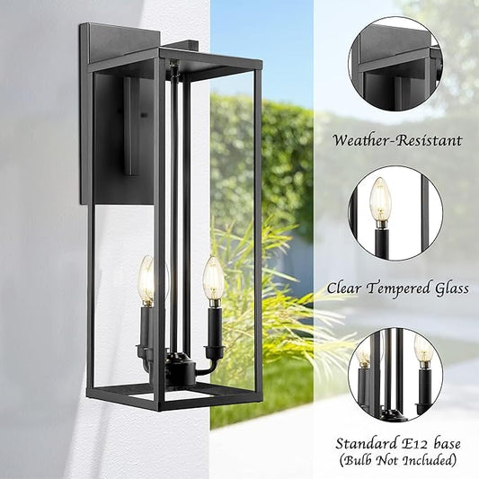 Bestshared Outdoor Wall Lantern Light, 24 Inch Tall Large Wall Sconce Clear Glass, Anti-Rust Modern Black Outside Lantern Lamp for House Front Porch Doorway Patio