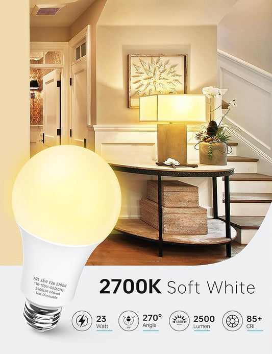 KINDEEP A21 LED Light Bulbs Soft White, 150-200 Watt Equivalent E26 LED Bulbs, 23W Super Bright Light Bulbs, 2500 Lumens, 2700K Soft White for Home Bedroom Living Room, Non-Dim, 6 Pack