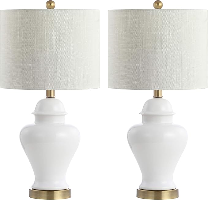 JONATHAN Y JYL6602C-SET2 22" White Classic Ceramic Table Lamp Set of 2 for Living Room, Traditional Ginger Jar Bedside Lamps for Bedroom Nightstand with White Linen Shade, LED Bulbs Included