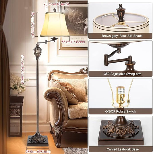 Traditional LED Floor Lamp with 350° Adjustable Swing Arm Lamp – Vintage Standing Pole lamp for Living Room, Bedroom and Office – Rustic Upright Floor Light for Home Décor with Faux Silk Fabric Shade