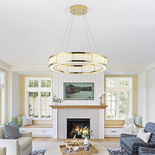 Modern Gold Led Pendant Light,50W Dimmable LED Chandelier Lighting Fixture, 1 Ring Circular Hanging Led Pendant Lighting for Living Room Dining Room Kitchen Island Foyer Office