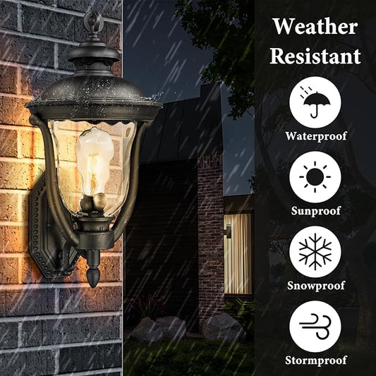 Wall Mounted Outdoor Light Fixtures,Water Ripple Glass Outdoor Lights,18.7Inch Exterior Light Fixtures Wall Mount,Vintage Style Waterproof Black Porch Light Outside Lights For House,Front Porch