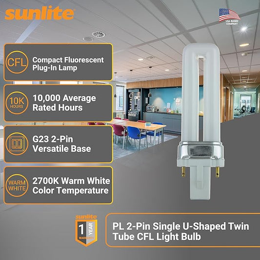 Sunlite PL7/SP27K Plugin U-Shaped Compact Fluorescent Lamp, 7 Watts, 360 Lumens, 2700K Soft White, 2-Pin (G23) Base, 10 Pack